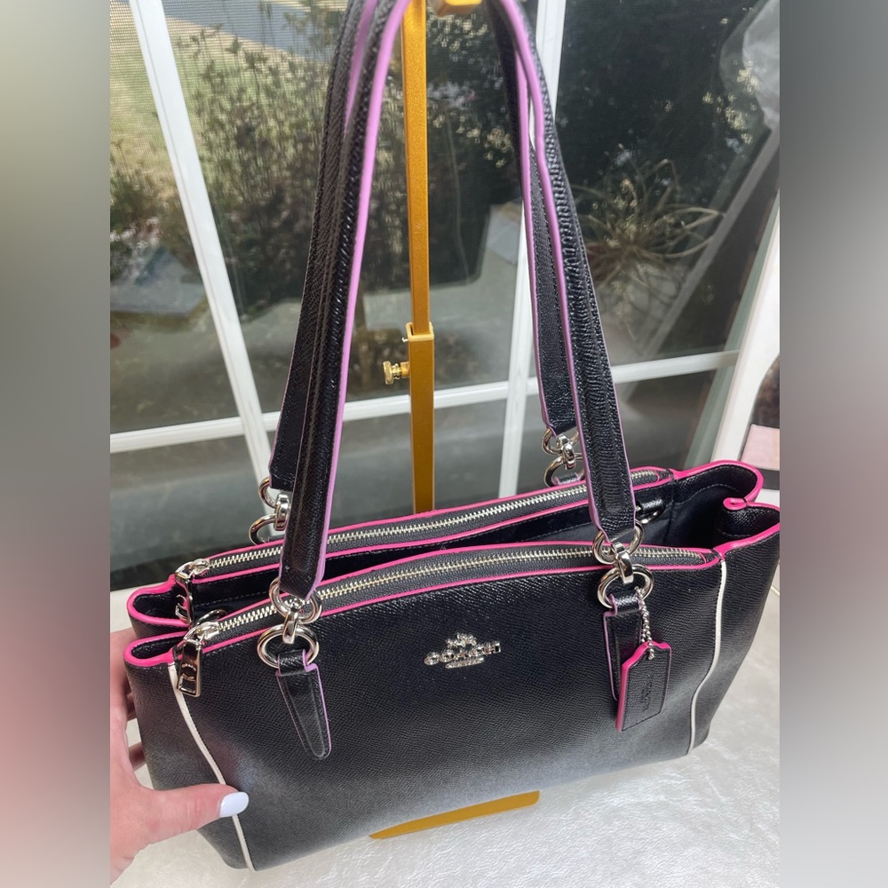 Coach Christie Carryall Black Crossgrain Leather with Pink/Magenta Piping NWOT - Picture 6 of 17